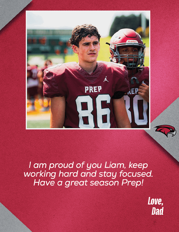 A person wearing a maroon football jersey with the number 86 stands next to another person in a helmet and jersey, with a supportive message from a parent encouraging Liam to stay focused and have a great season. Description generated by AI
