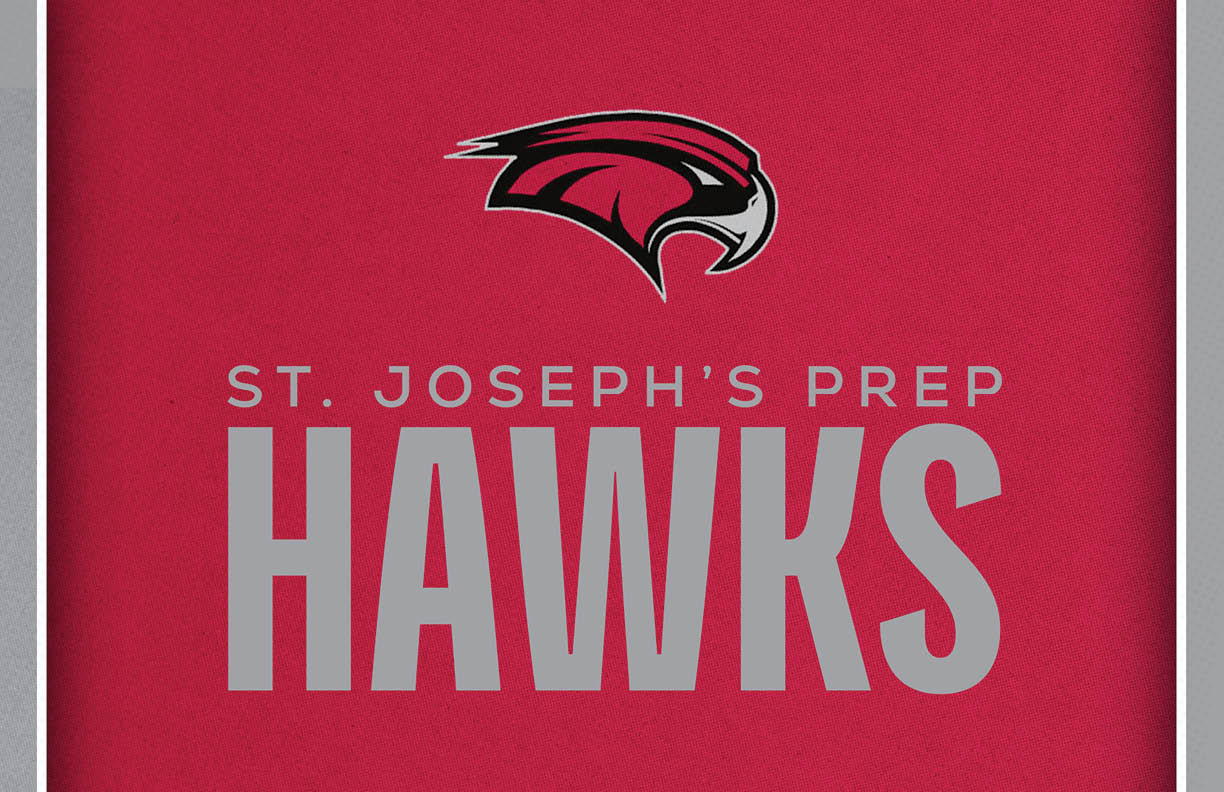 A red background with a stylized hawk head logo above the text “ST. JOSEPH'S PREP HAWKS" in large gray letters. Description generated by AI