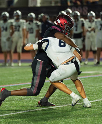 Two people in football uniforms are engaged in a tackle on a grassy field with other players and spectators blurred in the background. Description generated by AI