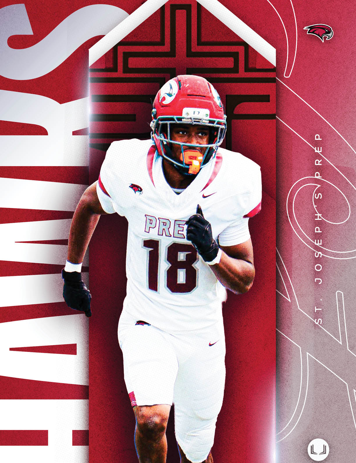 A person in a white football uniform with the number 18 and a red helmet is running on a red background with the word “HAWKS" and other text elements. Description generated by AI