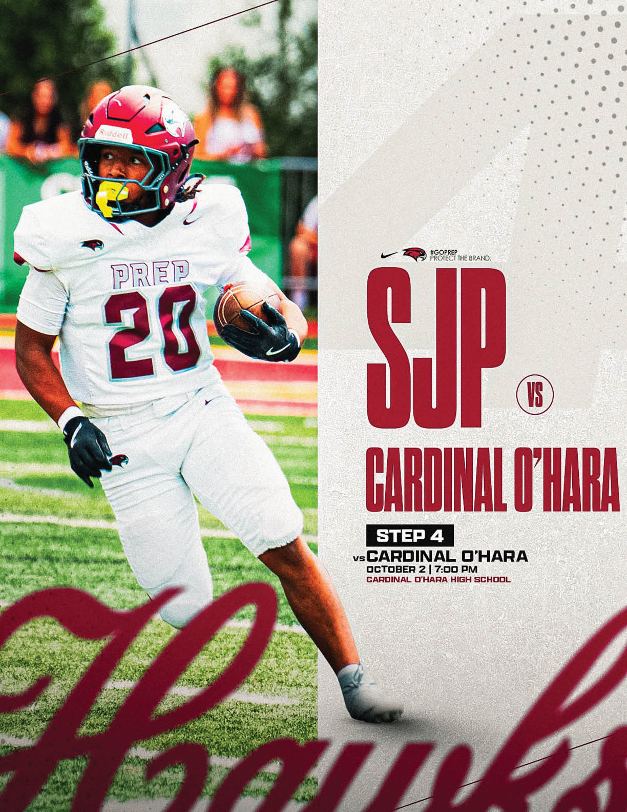 A person in a white football uniform with the number 20 is running on a field holding a football, next to text promoting a football game between SJP and Cardinal O'Hara. Description generated by AI