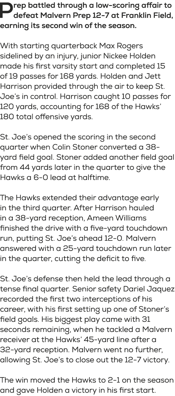 Prep battled through a low scoring affair to defeat Malvern Prep 12 7 at Franklin Field, earning its second win of th...