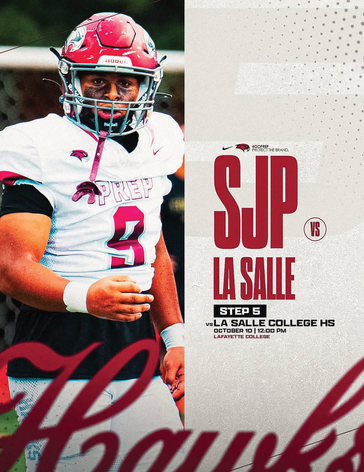 A person wearing a red helmet and white football uniform with the number 9 stands next to a graphic displaying “SJP vs La Salle" and "Step 6 La Salle College HS." Description generated by AI