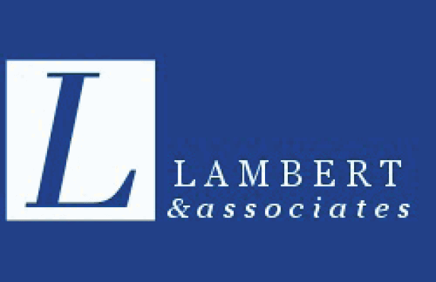 A logo with a large blue letter L on a white background next to the text “Lambert & associates" on a blue background. Description generated by AI