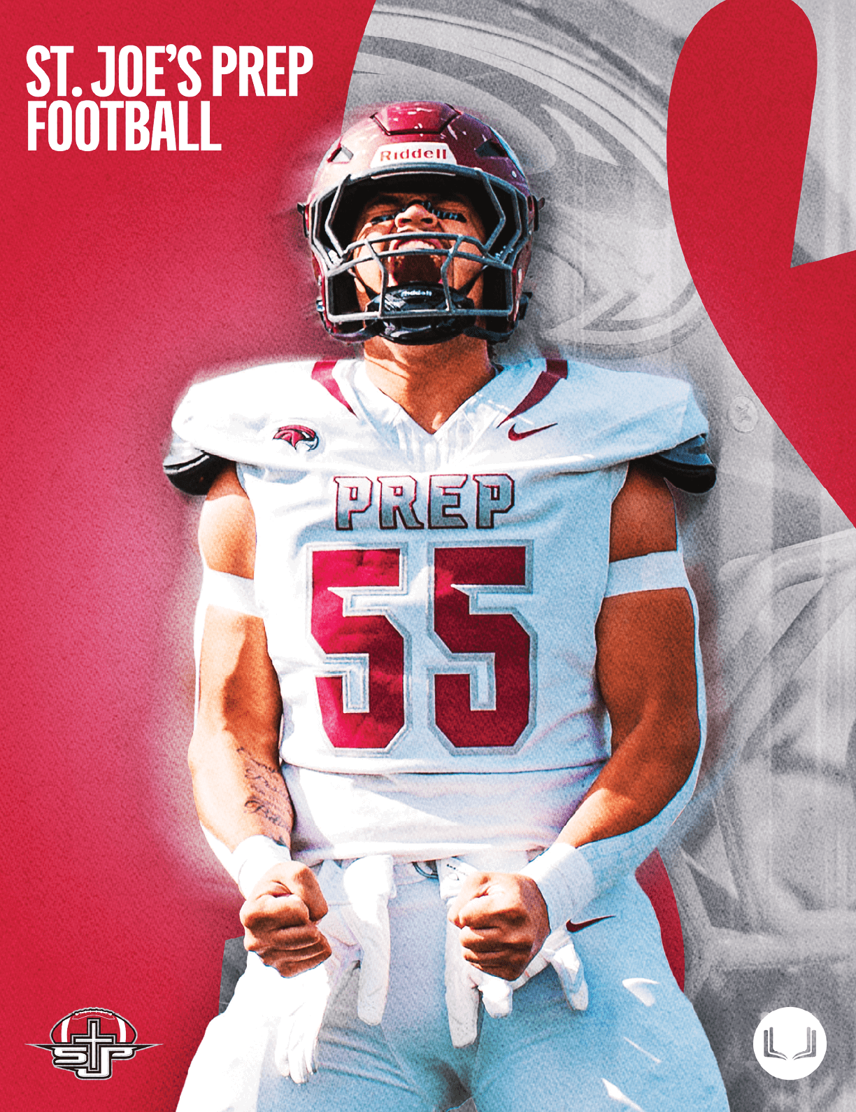 A person wearing a football uniform with the number 55 and the word PREP on the jersey is standing with clenched fists in front of a red and gray background with the text ST. JOE'S PREP FOOTBALL. Description generated by AI