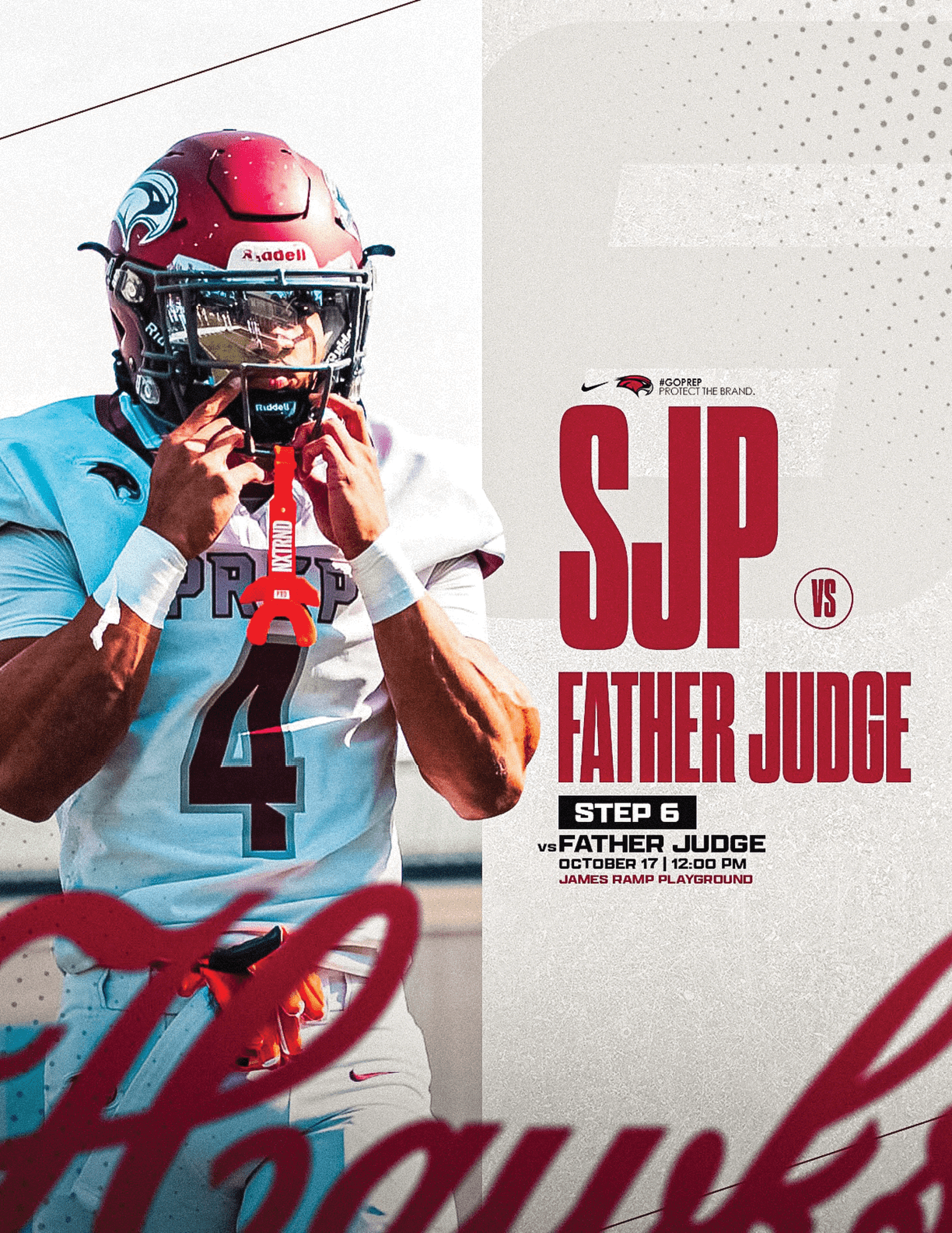 An adult wearing a football uniform with the number 4 is adjusting their helmet next to text promoting a football game between SJP and Father Judge at James Ramp Playground. Description generated by AI
