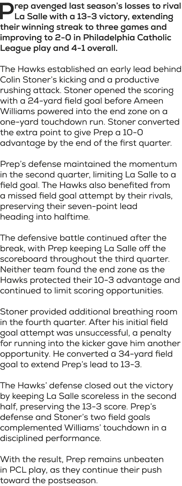 Prep avenged last season’s losses to rival La Salle with a 13 3 victory, extending their winning streak to three game...
