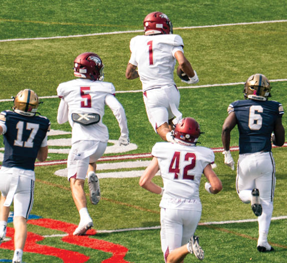 A person wearing a red helmet is on a green football field near the red end zone area. Description generated by AI