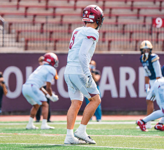A person wearing a white sports uniform and red helmet stands on a football field with other players in the background during a game. Description generated by AI