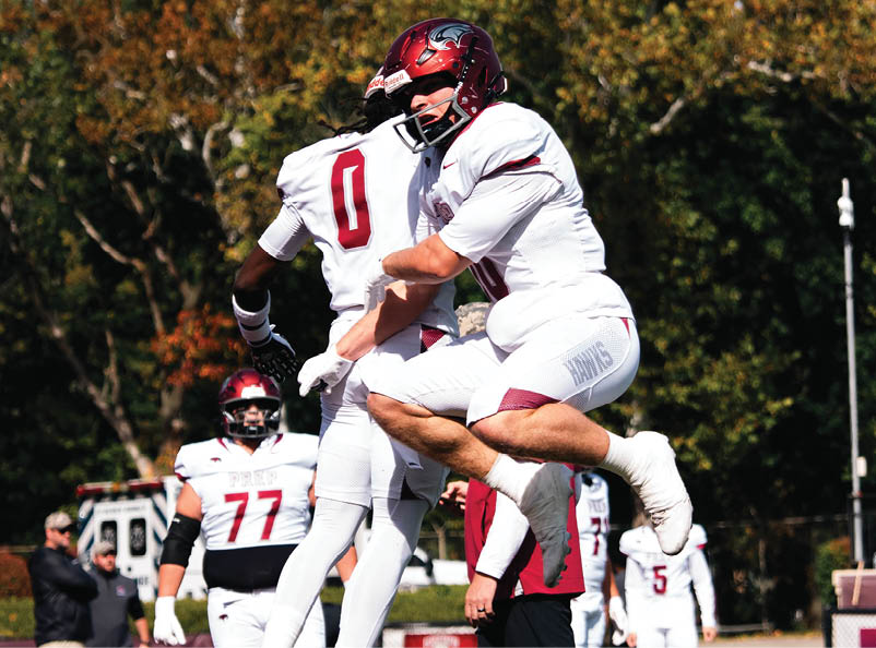 Two people in white football uniforms and red helmets celebrate by jumping and hugging on a field with trees and other players in the background. Description generated by AI