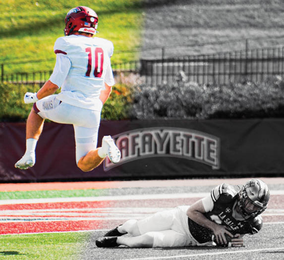 A person wearing a red helmet and white sports uniform with the number 10 is running on a field near a banner that reads “Lafayette." Description generated by AI