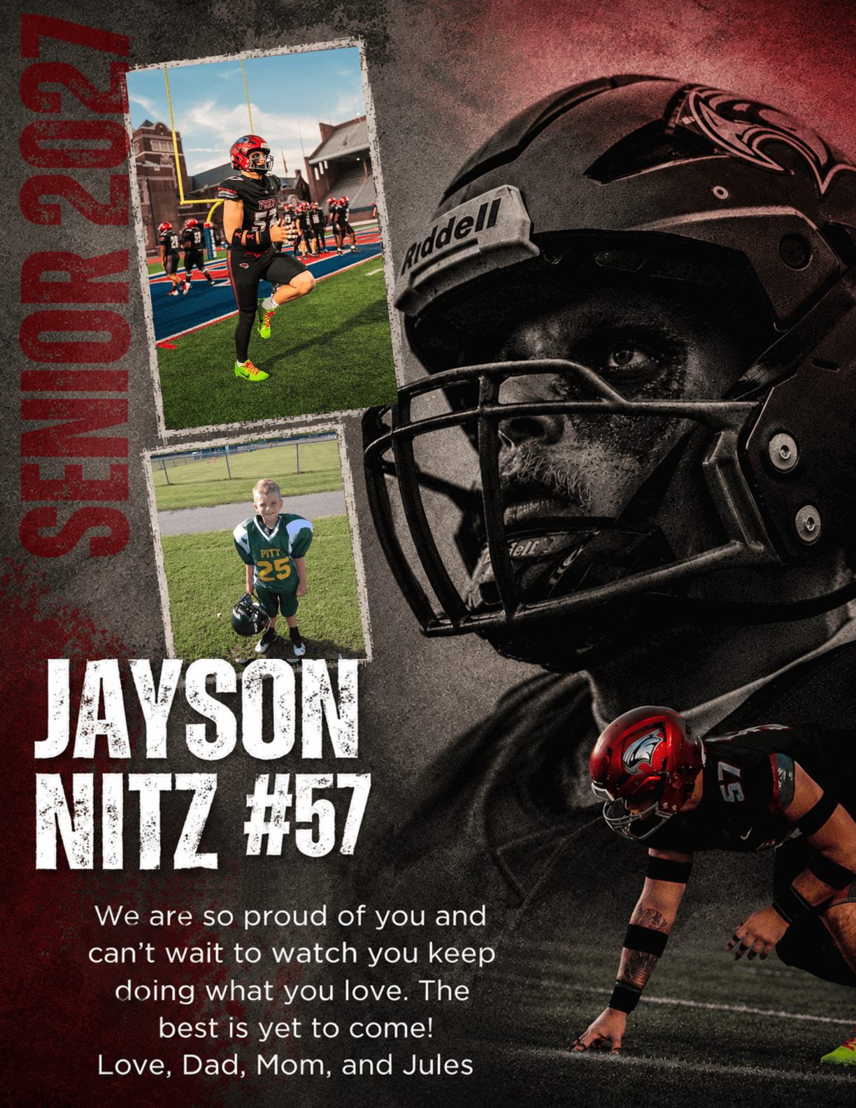 A senior football player named Jayson Nitz wearing a black helmet and uniform is shown in action on the field with a message from family expressing pride and encouragement for the future. Description generated by AI