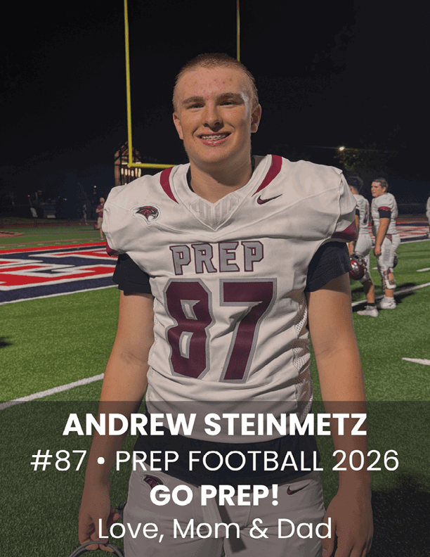 A person wearing a white football jersey with the number 87 stands on a football field at night smiling with text overlay expressing support from parents for Prep Football 2026. Description generated by AI