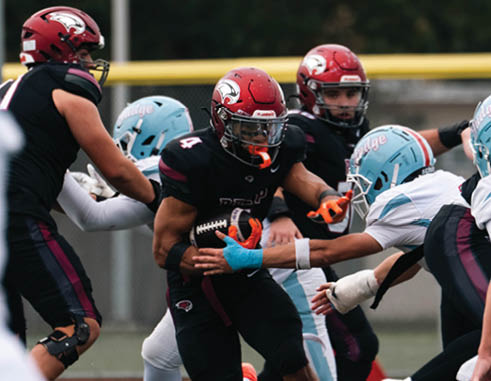 People in football uniforms are engaged in a play on a field with one person holding the ball tightly while others attempt to block or tackle. Description generated by AI