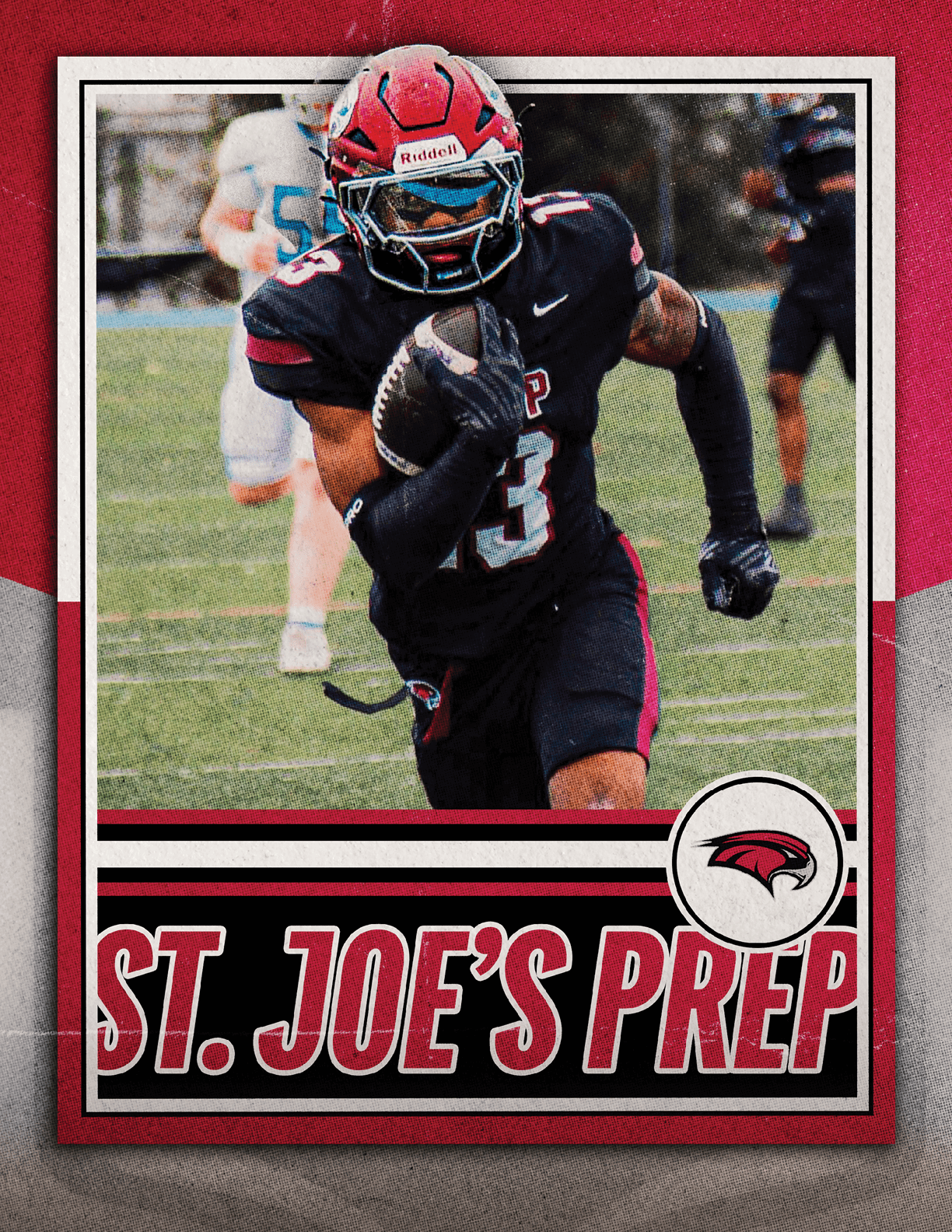 A person in a red helmet and black football uniform is running with a football on a field with other players in the background, framed by a graphic design that says St. Joe's Prep. Description generated by AI