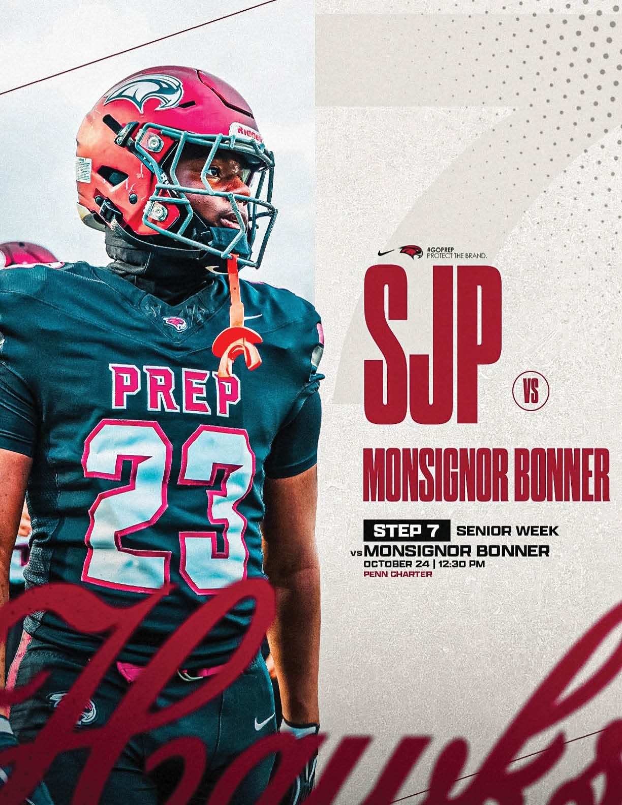 A person in a football uniform with the number 23 and a red helmet stands next to text announcing a football game between SJP and Monsignor Bonner during Senior Week. Description generated by AI