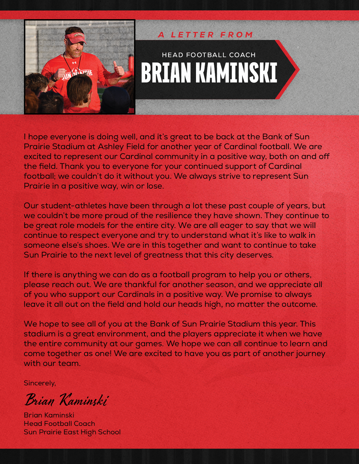 A letter from a football coach. Description generated by AI