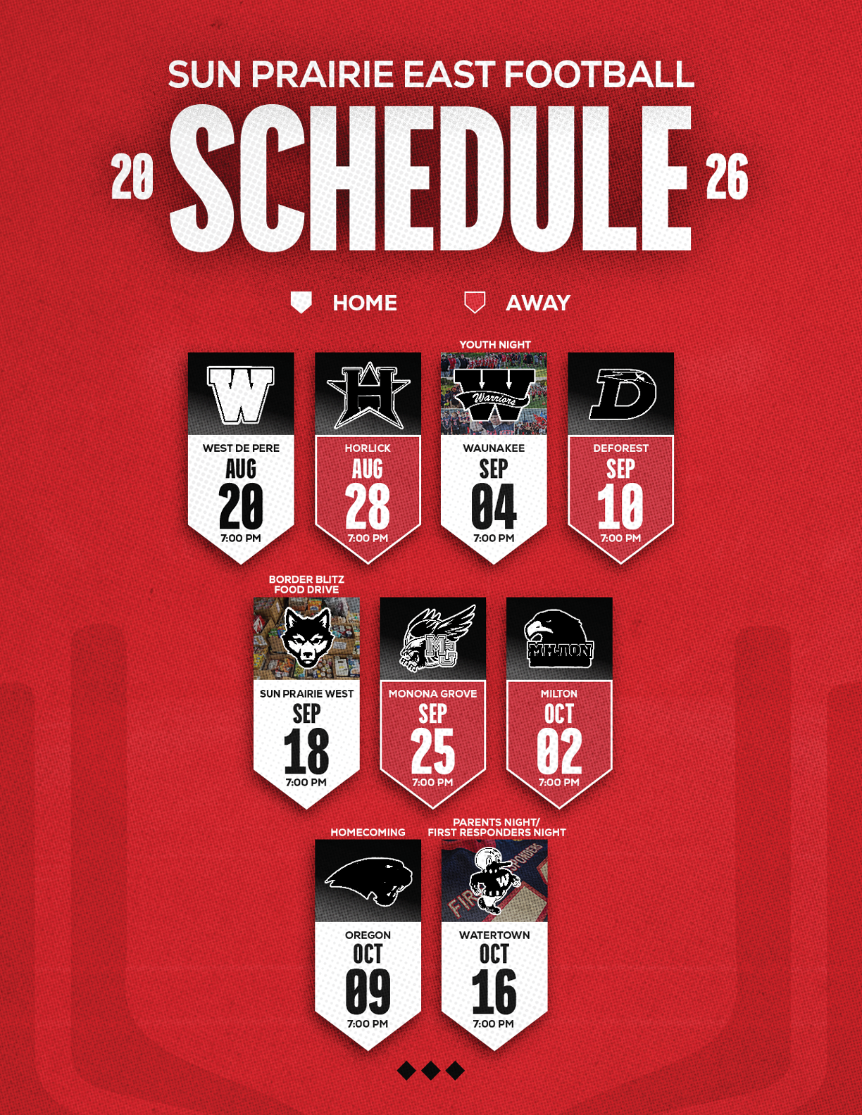 A red and white schedule for Sun Prairie East Football. Description generated by AI