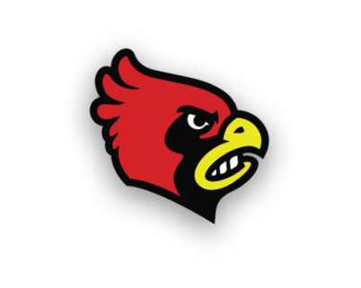A stylized red cardinal bird head with a yellow beak and a fierce expression outlined in black. Description generated by AI