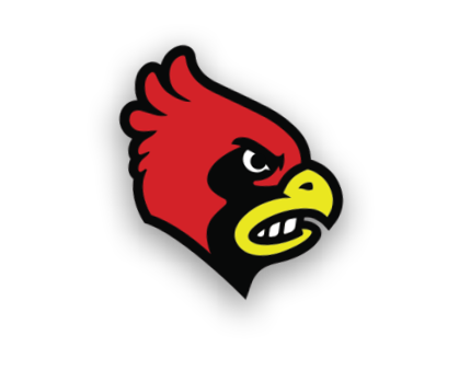 A stylized red cardinal bird head with a fierce expression, black markings around the eye, and a yellow beak outlined in black. Description generated by AI