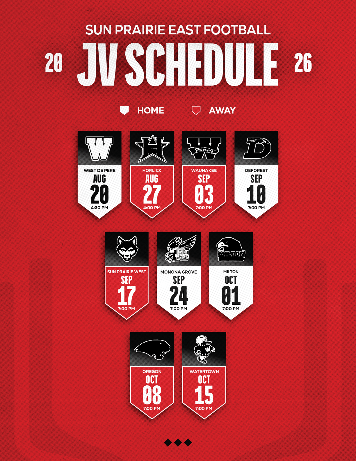 A red and white schedule for Sun Prairie East Football. Description generated by AI