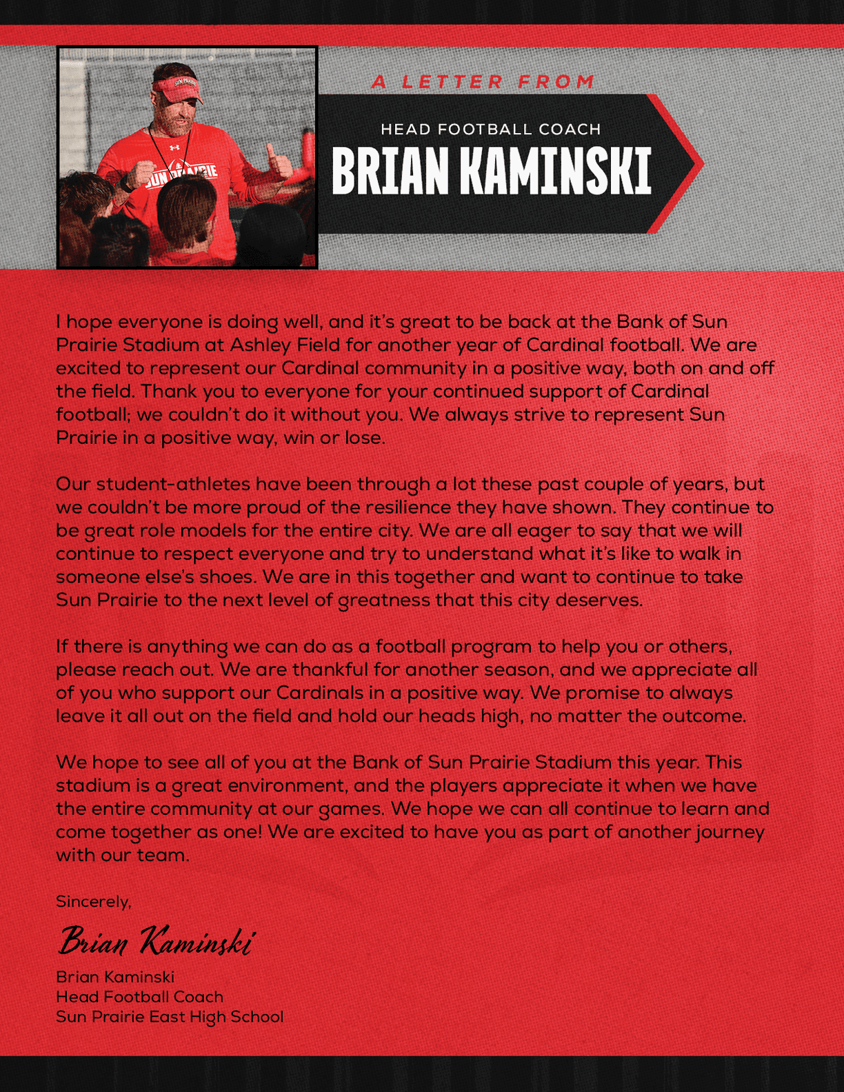 A letter from a football coach. Description generated by AI