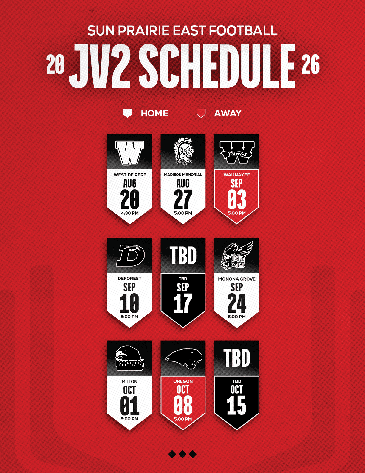 A red and white schedule for Sun Prairie East Football. Description generated by AI