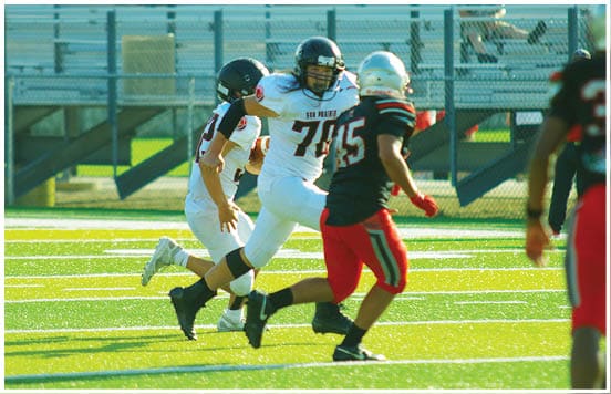 A football player wearing a blue jersey with the number 58 on it. Description generated by AI