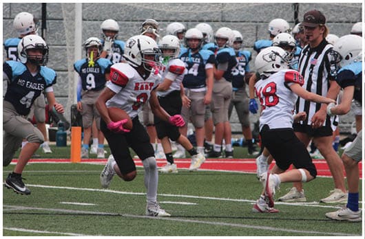 A football player catching a ball. Description generated by AI