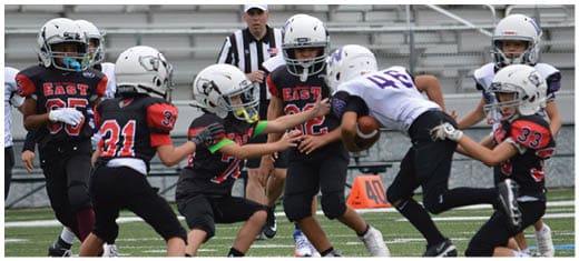 A football player catching a ball. Description generated by AI