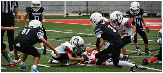 A football player catching a ball. Description generated by AI