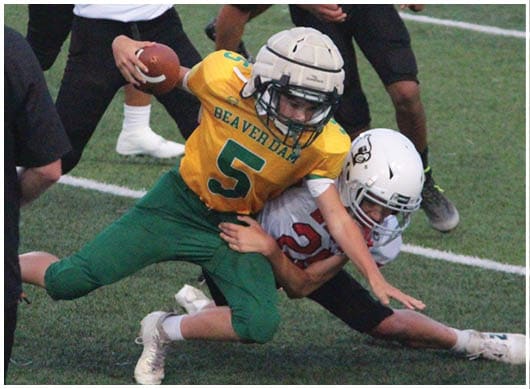 A football player catching a ball. Description generated by AI