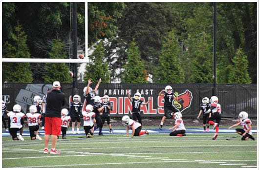 A football player catching a ball. Description generated by AI