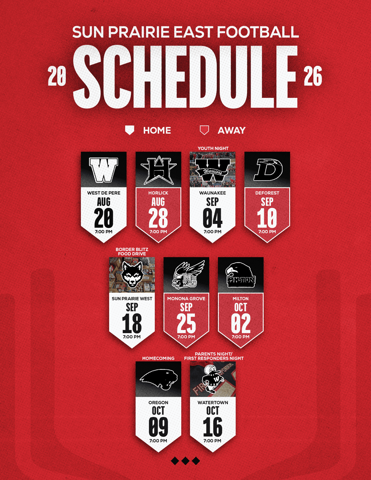 A red and white schedule for Sun Prairie East Football. Description generated by AI