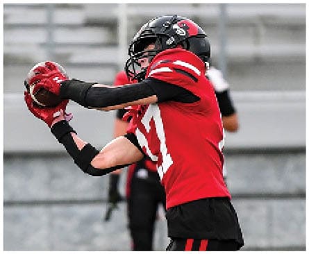 A football player running on the field. Description generated by AI