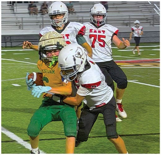 A football player catching a ball. Description generated by AI