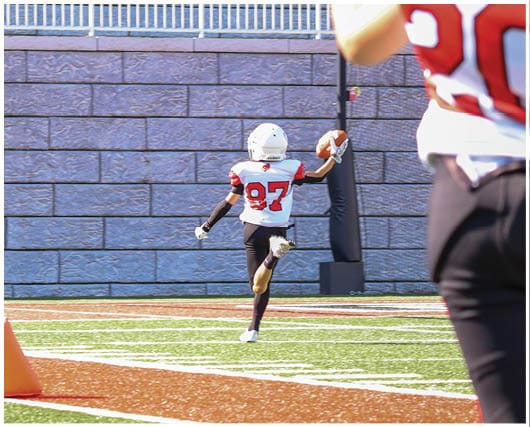 A football player catching a ball. Description generated by AI