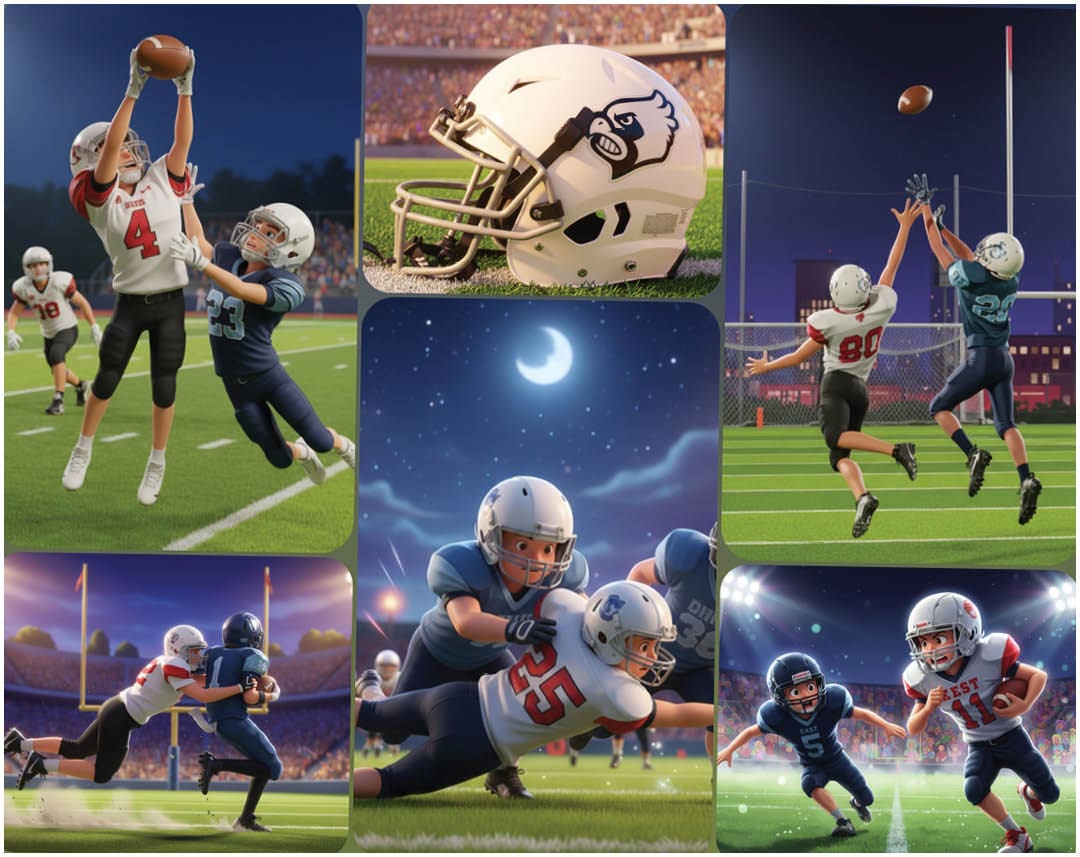 A football player catching a ball. Description generated by AI