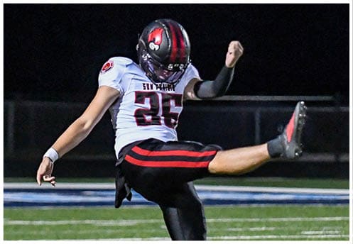 A football player running on the field. Description generated by AI