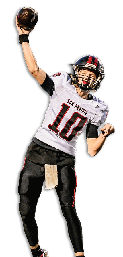 A football player running on the field. Description generated by AI
