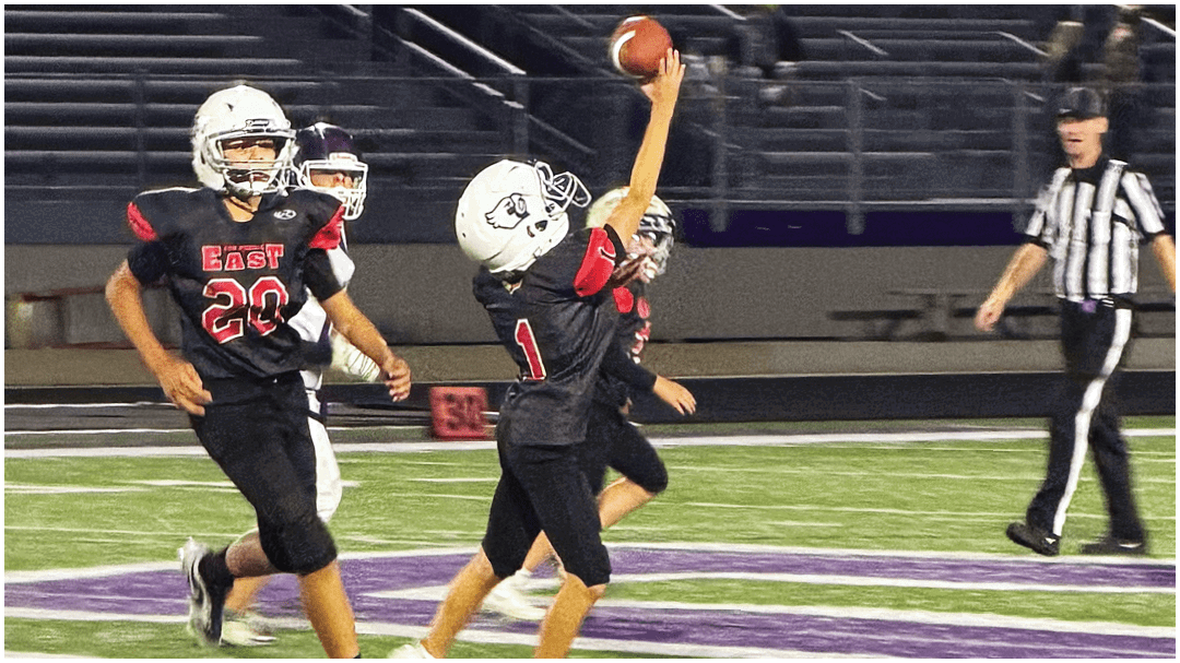 A football player catching a ball. Description generated by AI
