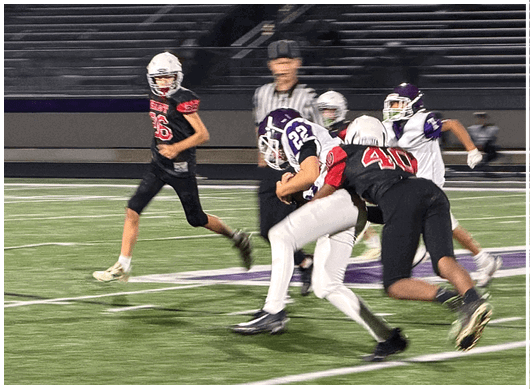 A football player catching a ball. Description generated by AI