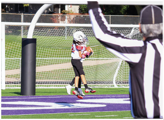 A football player catching a ball. Description generated by AI