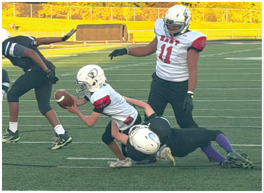 A football player catching a ball. Description generated by AI