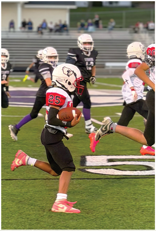 A football player catching a ball. Description generated by AI
