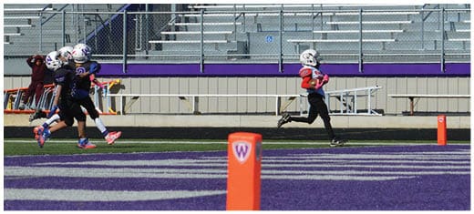 A football player catching a ball. Description generated by AI