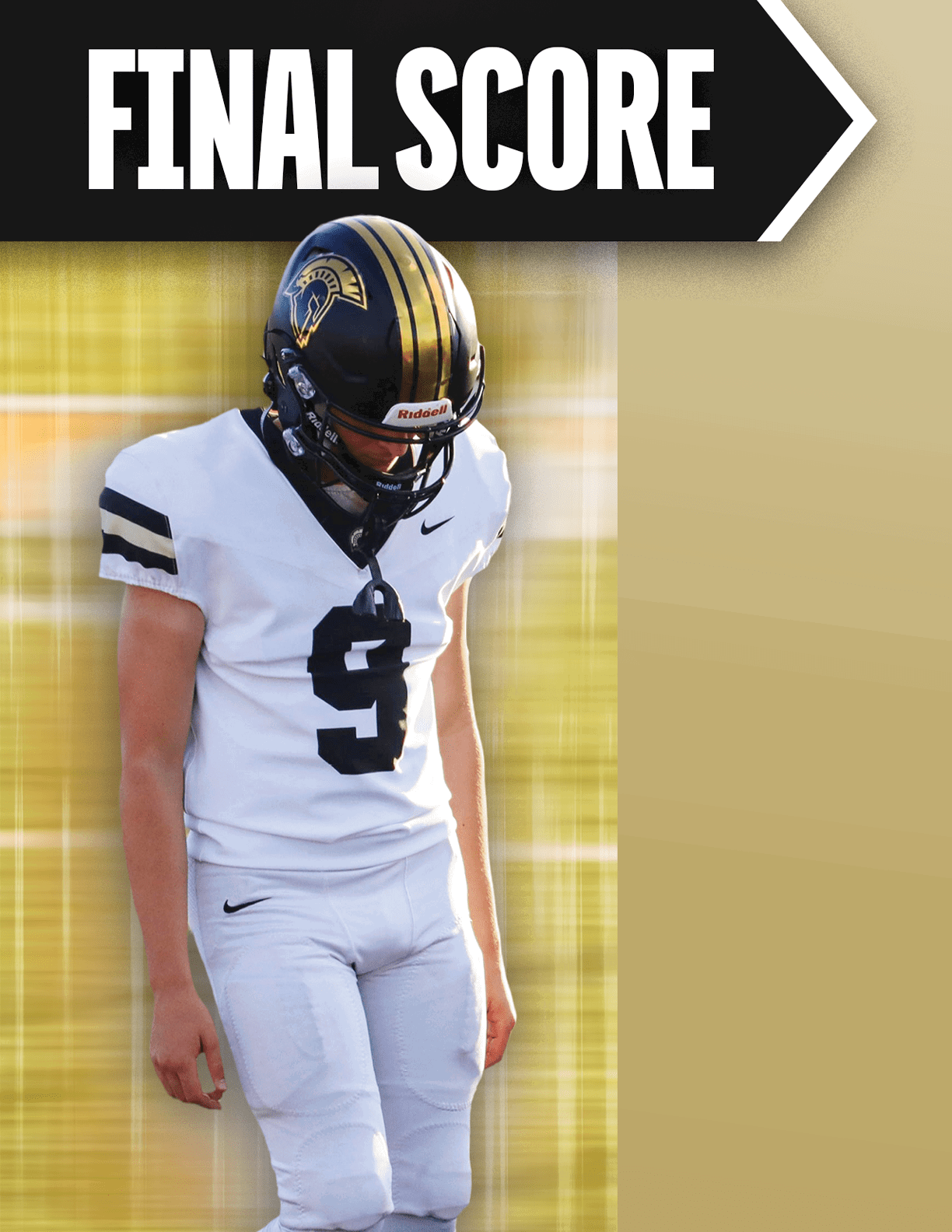 A football player with a white helmet. Description generated by AI