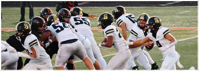 A group of football players on a field. Description generated by AI