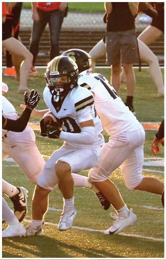 A football player running on the field. Description generated by AI