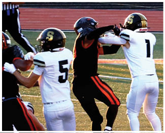 A football player running on the field. Description generated by AI